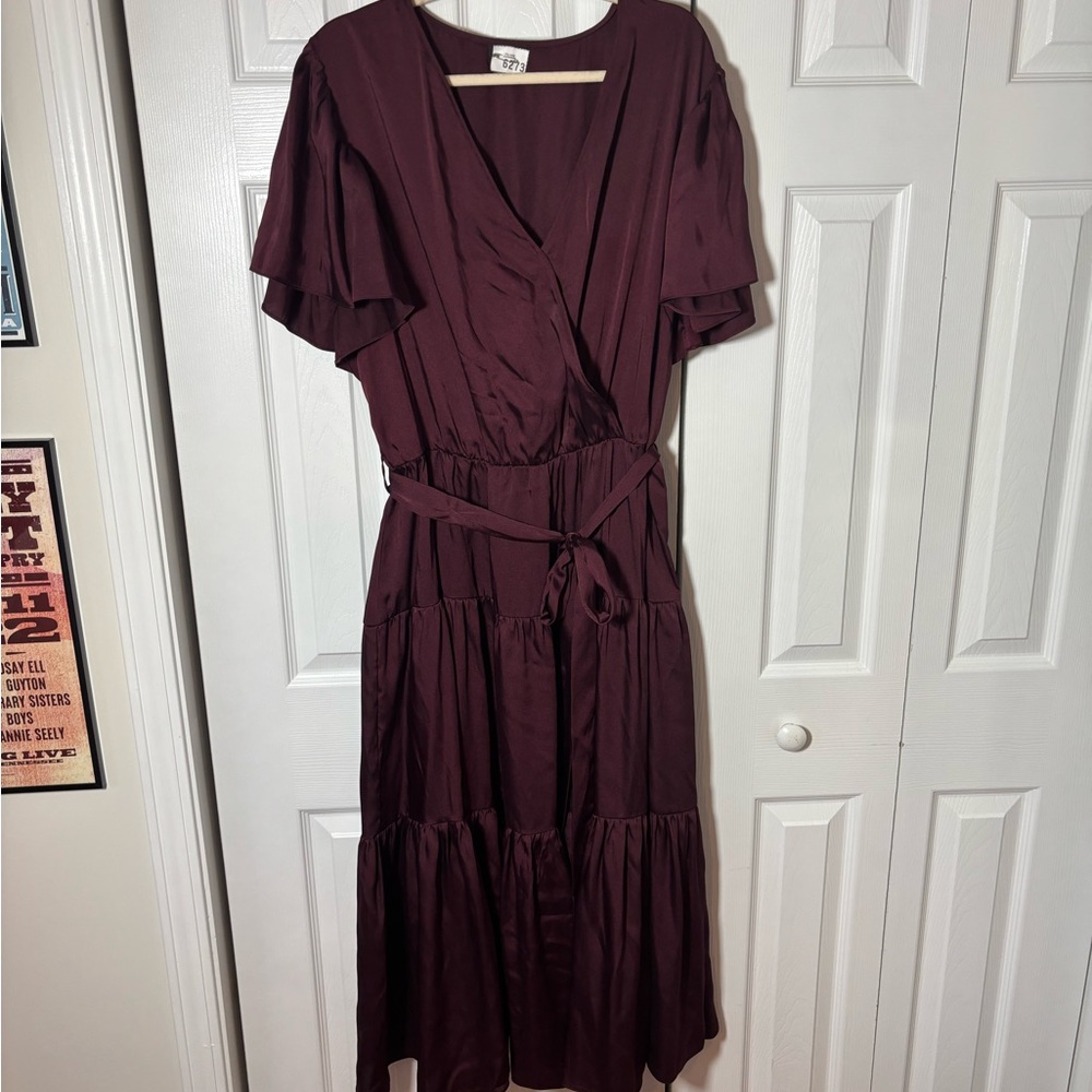 City Chic Deep Burgundy Satin Midi Dress with Tie Waist- Women’s Plus Size 20
